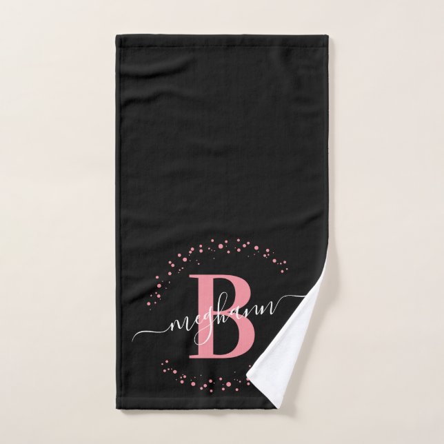 Modernes Girl Pink Black Name Script Mit Monogramm Handtuch (Handtuch)