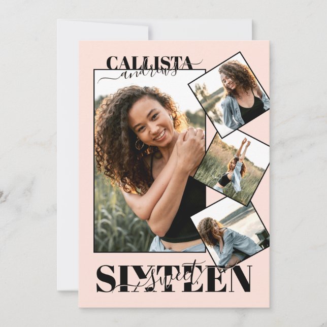 Modernes Girly Blush Pink Black Four Foto Sweet 16 Einladung (Vorderseite)