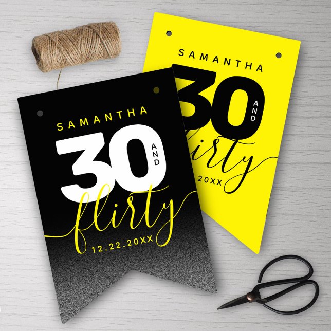 Modernes Girly Bright Yellow 30 und Kokett Wimpelkette (Girly Bright Yellow 30 and Flirty Her 30th Birthday Bunting Flags Cover Photo.)