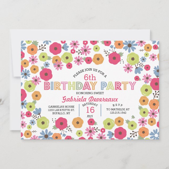 Modernes Girly Geburtstags-mit BlumenParty Einladung (Vorderseite)