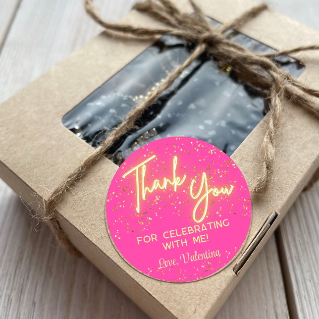 Modernes Girly Hot Pink Neon Glow Danke, Script Runder Aufkleber (Von Creator hochgeladen)