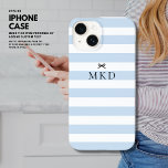 Modernes Girly Hübsch Blue Stripe Black Bow Monogr Case-Mate iPhone 14 Hülle<br><div class="desc">Das neue iPhone 14 Gehäuse wurde mit einem stilvollen blau-weiß gestreiften Muster entworfen, das sicher den Kopf drehen wird. Um eine Touch von Schnittheit hinzuzufügen, haben wir einen kleinen schwarzen Bogen auf der Vorderseite. Und um es wirklich personalisiert zu machen, kann der Fall mit Ihren Initialen der Wahl mit Monogramm...</div>