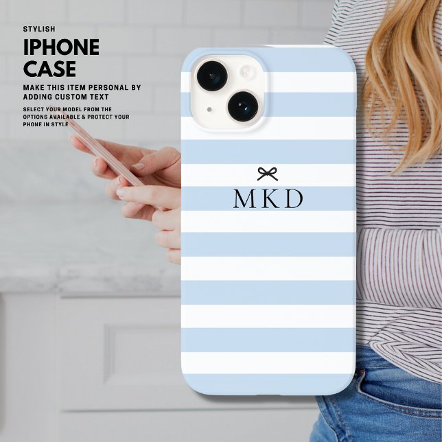 Modernes Girly Hübsch Blue Stripe Black Bow Monogr Case-Mate iPhone Hülle (Von Creator hochgeladen)