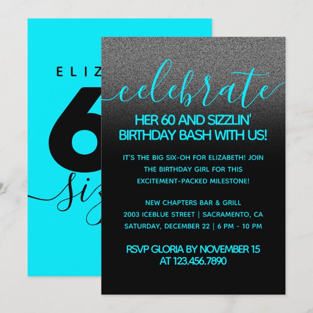 Modernes Girly Ice Blue 60 und Sizzlin' Einladung (Vorne/Hinten)