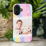 Modernes Girly Stripe Herzstück Foto Personalisier iPhone 16 Hülle<br><div class="desc">Modernes Girly Stripe Heart Foto Personalisiert Name iPhone 16 Hüllen verfügt über ein farbenfrohes Streifen Muster in Rosa, lila, grün und gelb mit Ihrem Lieblings-Foto mit niedlichen Liebe Herzen und personalisiert mit Ihrem Namen in elegante Kalligraphie Skript Typografie. Personalisieren Sie den Text durch Bearbeiten in den bereitgestellten Textfeldern. Designed by...</div>