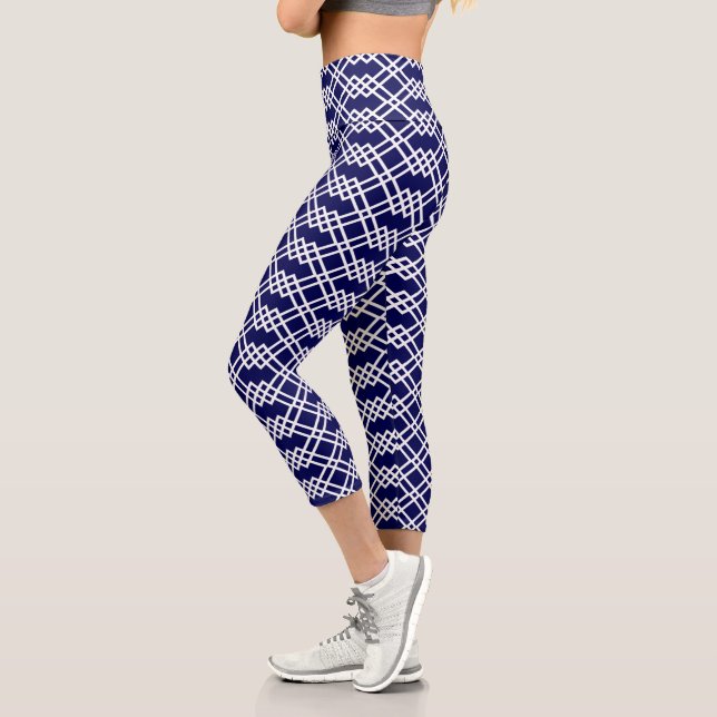 Modernes Gitter Geometrie Navy Blue & White Capri Leggings (Links)