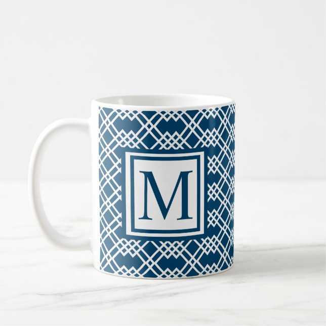 Modernes Gittergeometrisches Monogramm Ozean Blau Kaffeetasse (Links)