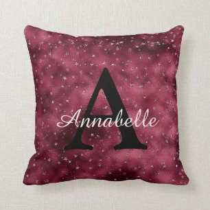 Modernes Glam Burgund Silver Sparkle Stars Monogra Kissen