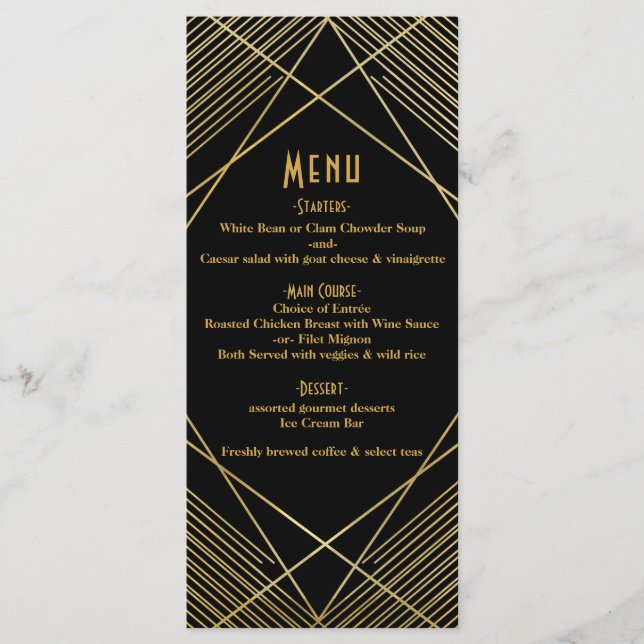 Modernes Glam Deko Wedding Menu in Gold und Schwar Menükarte (Vorderseite)