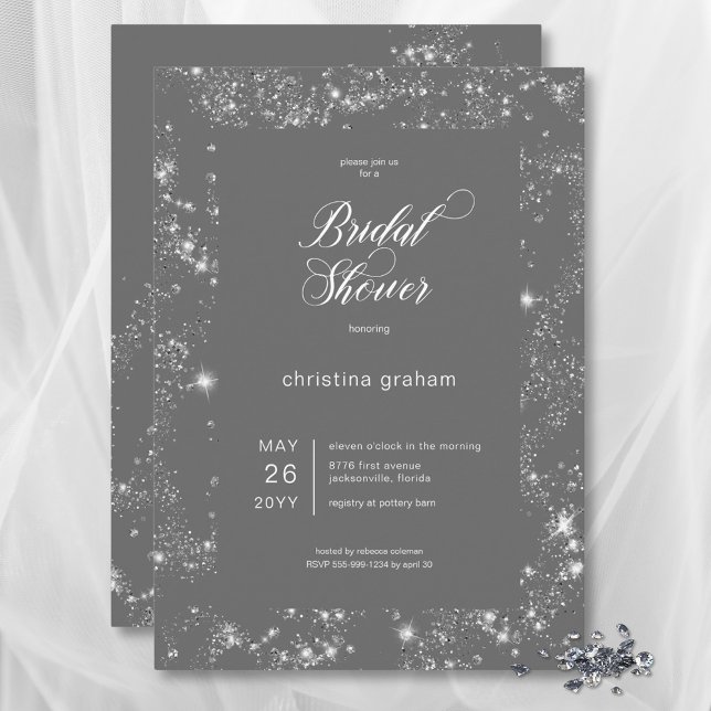Modernes Glam Diamond Frame Brautparty Einladung (Modern Gray Glam Diamond Frame Bridal Shower Invitation)