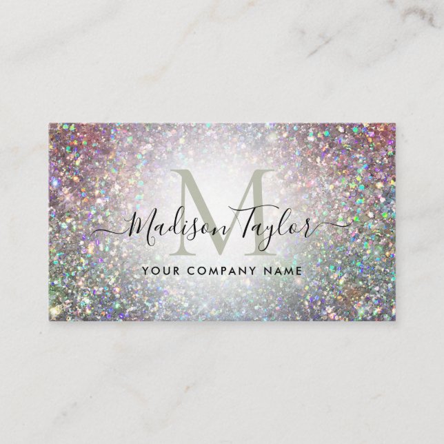Modernes Glam Holographic Glitzer Sparkle Monogram Visitenkarte (Vorderseite)