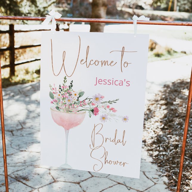 Modernes Glas Wildblume Brautparty Begrüßungszeich Fotodruck (Champagne Glass Wildflowers Bridal Shower Welcome Sign, Petal Prosecco Bridal Shower Welcome Sign,)