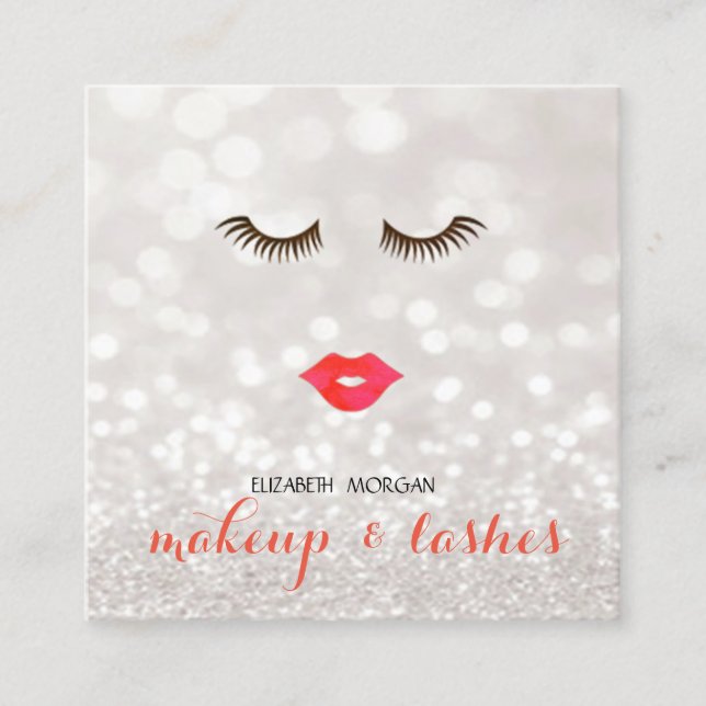 Modernes Glittery Bokeh, Lippen, Lashes Quadratische Visitenkarte (Vorderseite)