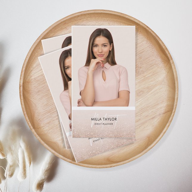 Modernes Glitzer Blush Pink Monogram Add your Foto Visitenkarte (Von Creator hochgeladen)