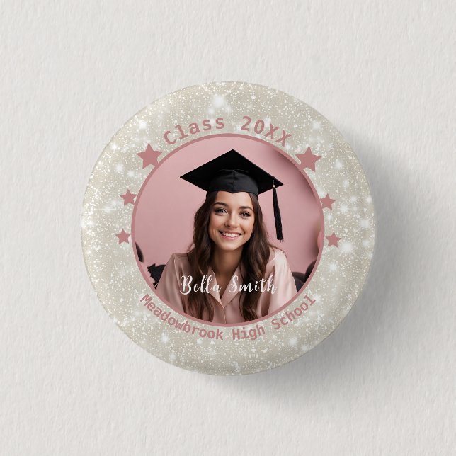 Modernes Glitzer Foto Pink Gift Abschluss Button (Vorderseite)