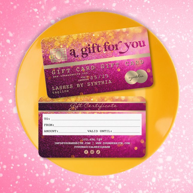 Modernes Glitzer-Gutschein Visitenkarte (gold and pink glitter like credit card gift certificate)