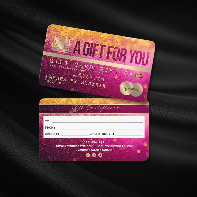 Modernes Glitzer-Gutschein Visitenkarte (pink and gold glitter credit card gift certificate)