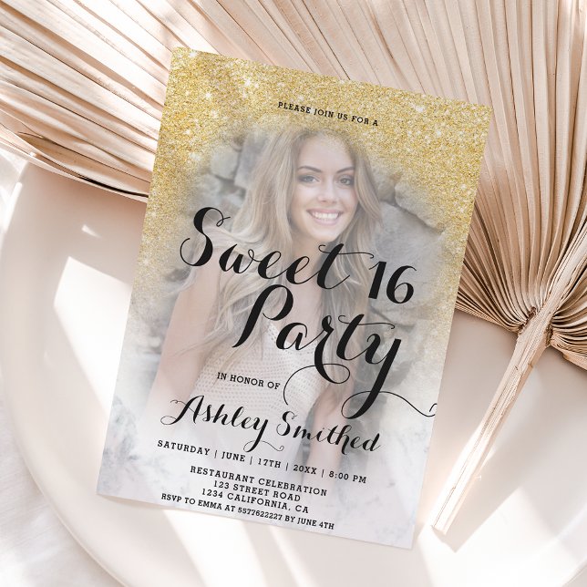 Modernes Glitzer Marmor ombre Foto Sweet 16 Einladung (Von Creator hochgeladen)