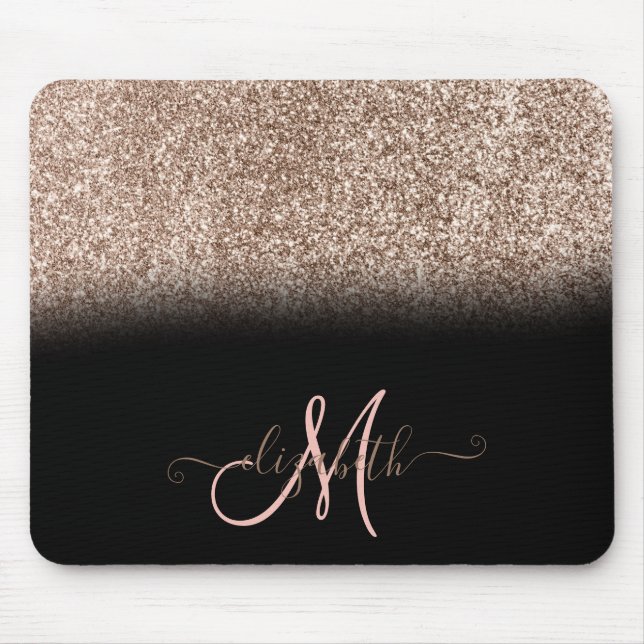 Modernes Glitzer Ombre Black Monogram Mousepad (Vorne)