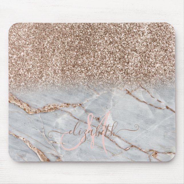 Modernes Glitzer Ombre Rose Gold Marmor Monogramm Mousepad (Vorne)