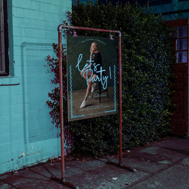 Modernes Glow Script Blue Neon Wavy Graduate Foto Acrylschild (Modern Glow Script Blue Neon Wavy Graduate Photo Acrylic Sign)