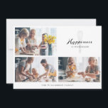 Modernes Glück ist hausgemachte Bäckerei Whisk Fot Feiertagskarte<br><div class="desc">Ein wunderschönes personalisiertes Foto mit Familienurlaub. Unser Design verfügt über ein einfaches 3-Foto-Collage-Raster mit dem Design "Happiness is Homemade" in einem wunderschönen Schriftart mit handgeschriebenem Skript. Hinter dem Text steht ein niedliches, stilisiertes Backenwhisk. Angepasst mit dem Familiennamen. Auf der Rückseite befindet sich ein zusätzlich einfarbiger Hintergrund mit weißen Mustern in...</div>