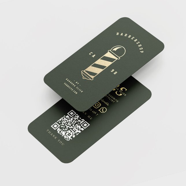 Modernes Gold Barbershop Pole Haircut QR Visitenkarte (Barbershop Barber Hairstylist Business Card Collection)