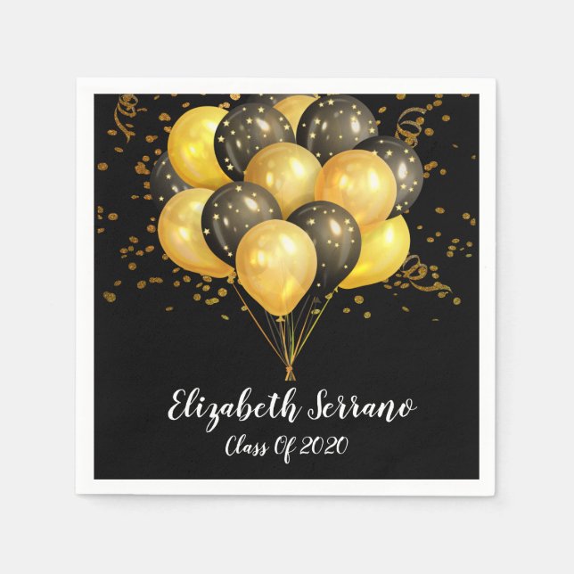 Modernes Gold Black Balloons Confetti Grad Party Serviette (Vorderseite)