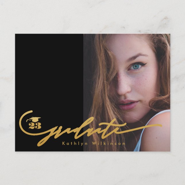 Modernes Gold Black Minimalistisch Chic Foto GRAD Einladungspostkarte (Vorderseite)