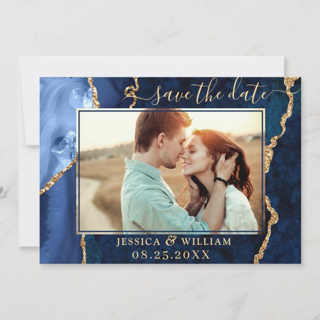 Modernes Gold Blue Agate FOTO Hochzeit speichern d Save The Date (Vorderseite)