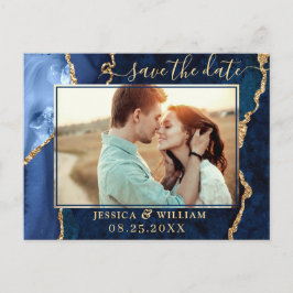 Modernes Gold Blue Agate FOTO Save the Date Ankündigungspostkarte