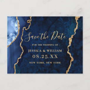 Modernes Gold Blue Agate Wedding rettet das Datum Postkarte