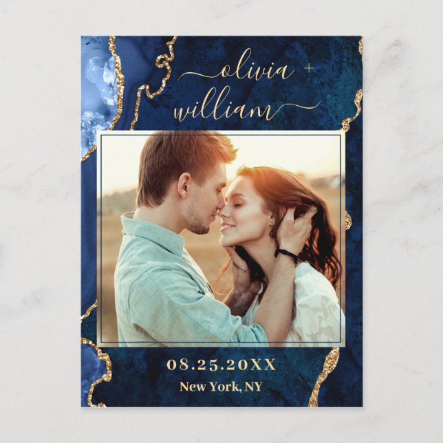 Modernes Gold Blue Marble Agate FOTO Save the Date Postkarte (Vorderseite)