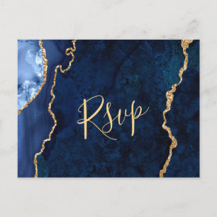 Modernes Gold Blue Marble Agate Wedding RSVP Postkarte
