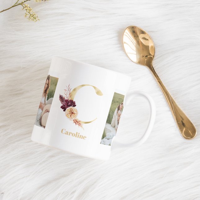 Modernes Gold Blume Letter C | Monogramm für zwei  Kaffeetasse (Von Creator hochgeladen)