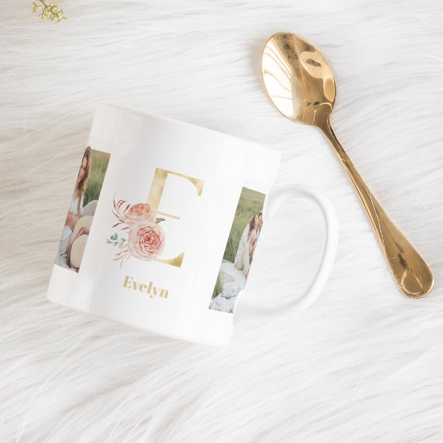 Modernes Gold Blume Letter E | Monogramm für zwei  Kaffeetasse (Von Creator hochgeladen)