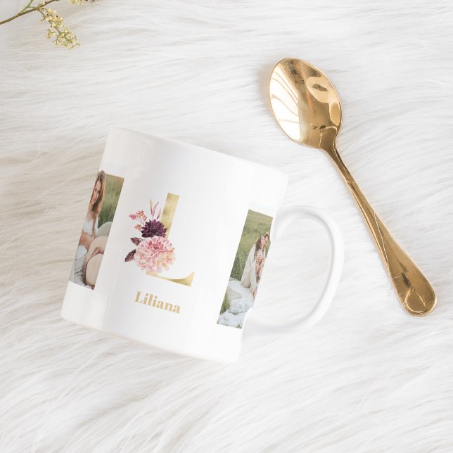 Modernes Gold Blume Letter L | Monogramm für zwei  Kaffeetasse (Von Creator hochgeladen)