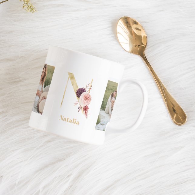 Modernes Gold Blume Letter N | Monogramm für zwei  Kaffeetasse (Von Creator hochgeladen)