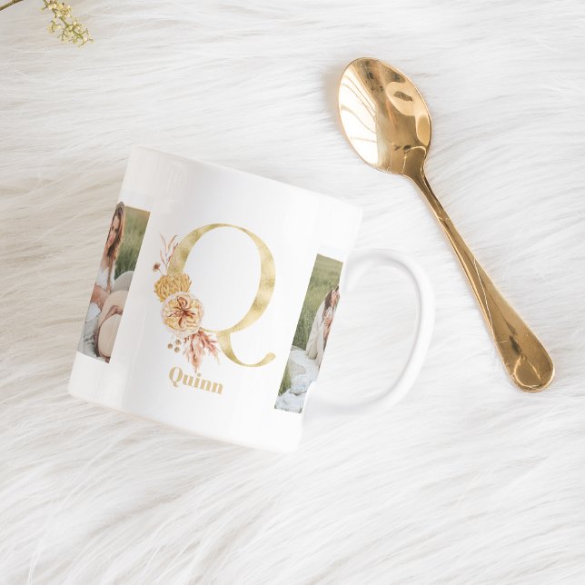 Modernes Gold-Blume Letter Q | Monogramm für zwei  Kaffeetasse (Von Creator hochgeladen)