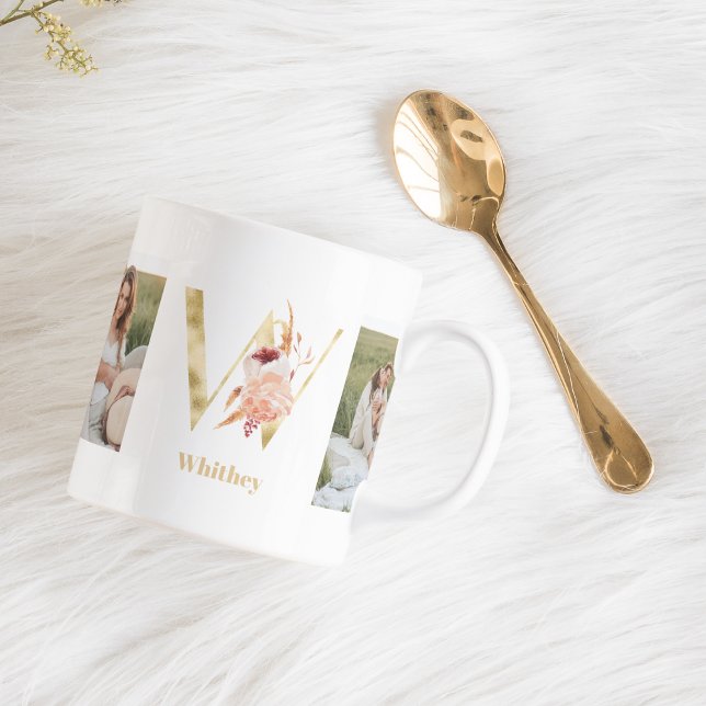 Modernes Gold-Blume Letter W | Monogramm für zwei  Kaffeetasse (Von Creator hochgeladen)