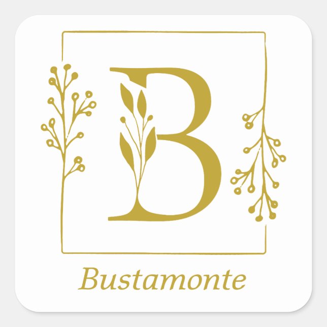 Modernes Gold Botanic Letter B Square Sticker (Vorderseite)