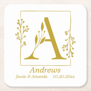 Modernes Gold Botanischer Brief A Personalisiert Rechteckiger Pappuntersetzer