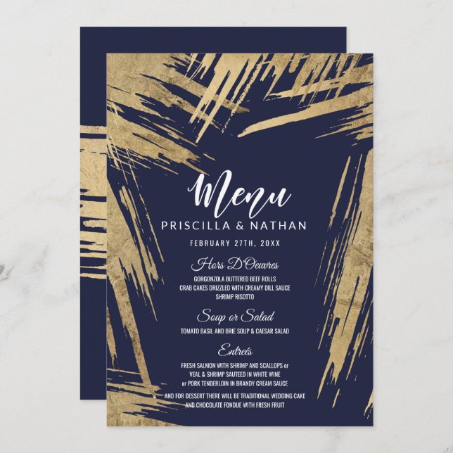 Modernes Gold Brushstrokes Navy Blue Wedding Menu Einladung (Vorne/Hinten)