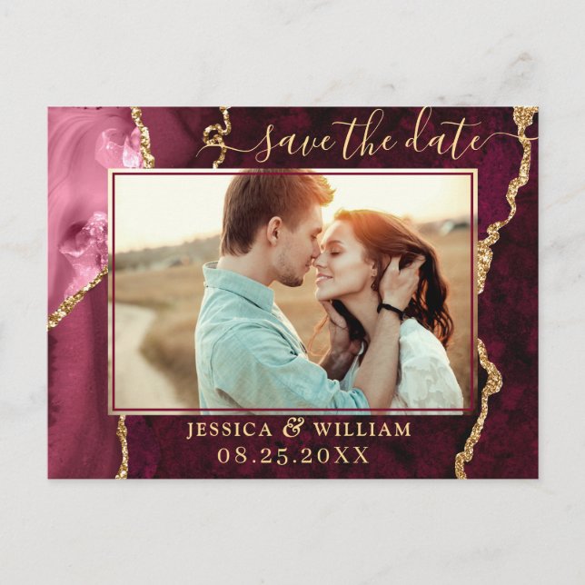 Modernes Gold Burgundy Agate FOTO Save the Date Postkarte (Vorderseite)