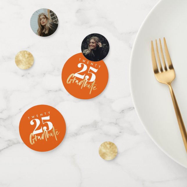 Modernes Gold Calligraphy Foto Orange Abschluss Konfetti (Gruppe)
