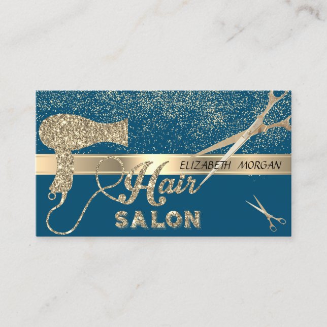 Modernes Gold Confetti, Scheren, Haartrockner Visitenkarte (Vorderseite)