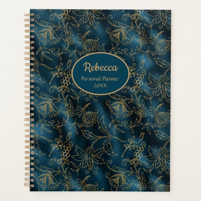 Modernes Gold Floral Aquamarin Blue Personalize Planer (Vorderseite)