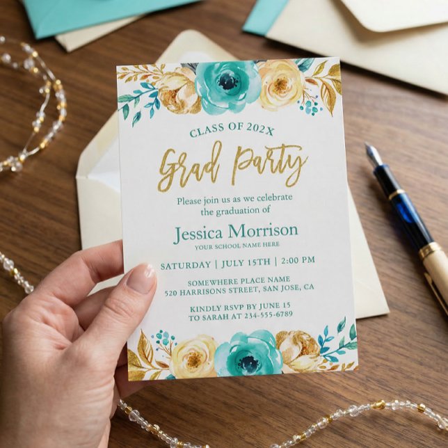 Modernes Gold Floral Girly Graduation Party Foto Einladung (Von Creator hochgeladen)