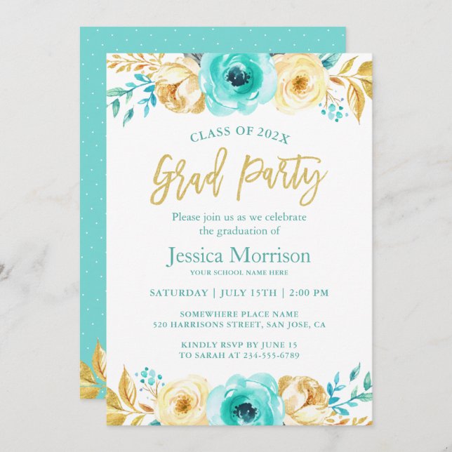 Modernes Gold Floral Girly Graduation Party Foto Einladung (Vorne/Hinten)