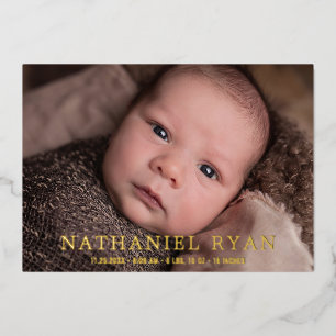 Modernes Gold Foil Baby Baby Boy Foto Geburtsankün Folieneinladung